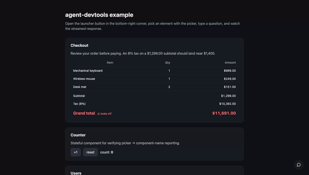 실제 Claude 에이전트가 망가진 Checkout 합계를 픽하고 OrderSummary.tsx · cart.ts · money.ts 를 읽어 군더더기 * 100 을 제거하면, HMR 로 합계가 그 자리에서 바로잡히는 모습 — 전부 브라우저 탭 안에서.