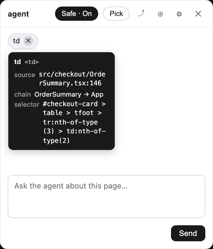 agent-devtools composer 에 픽한 element 의 근거 tooltip — 소스 파일, 컴포넌트 체인, 고유 CSS selector 가 표시된 모습.